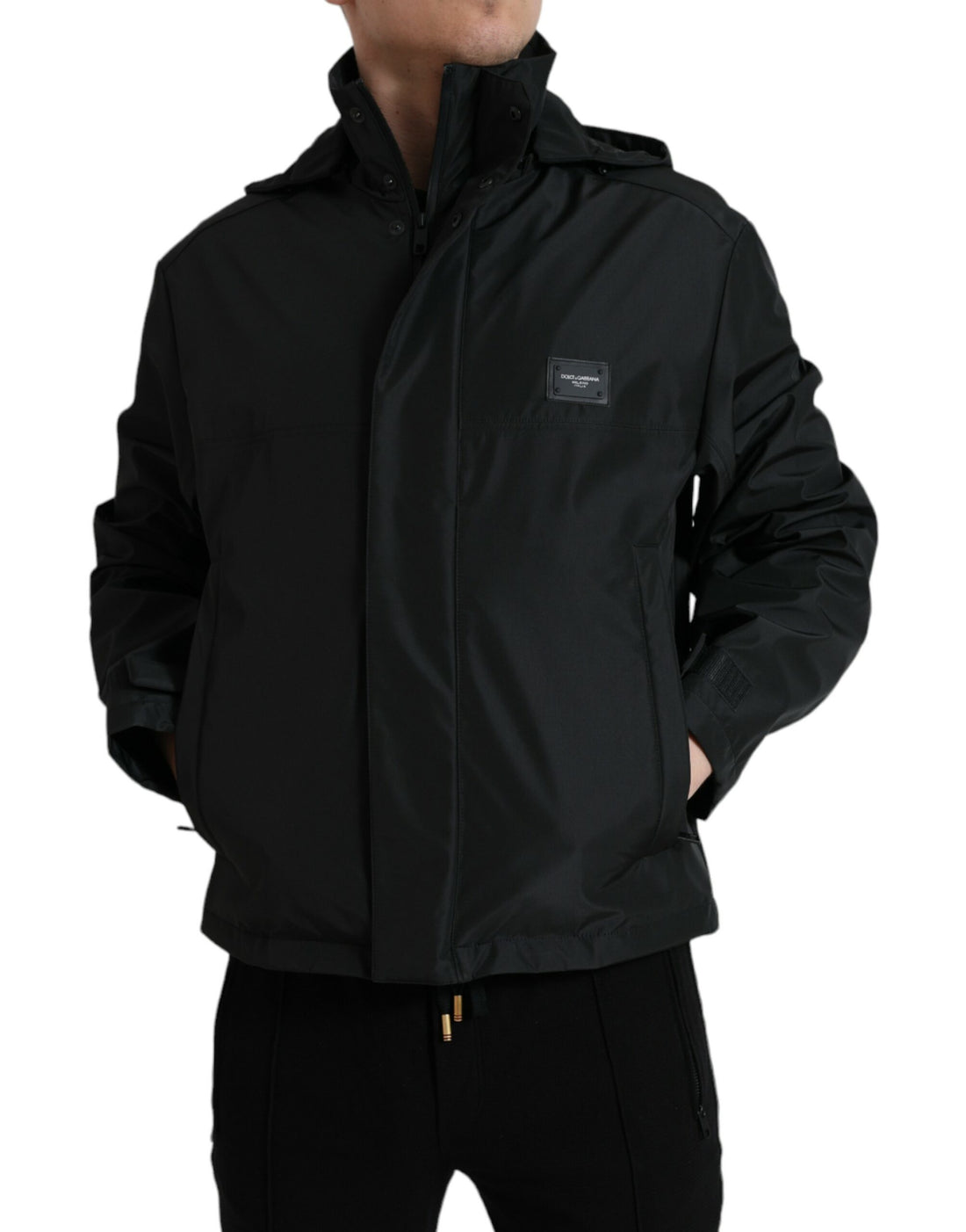 Dolce &amp; Gabbana Black Polyester Logo Plaque Hooded Jacket