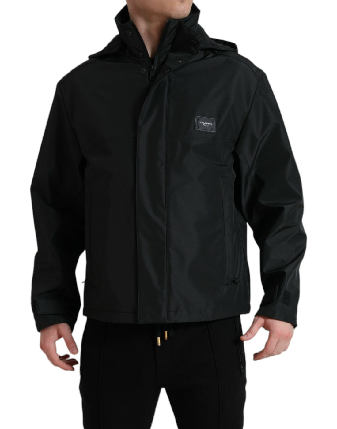 Dolce &amp; Gabbana Black Polyester Logo Plaque Hooded Jacket