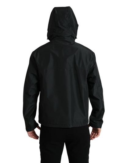 Dolce &amp; Gabbana Black Polyester Logo Plaque Hooded Jacket