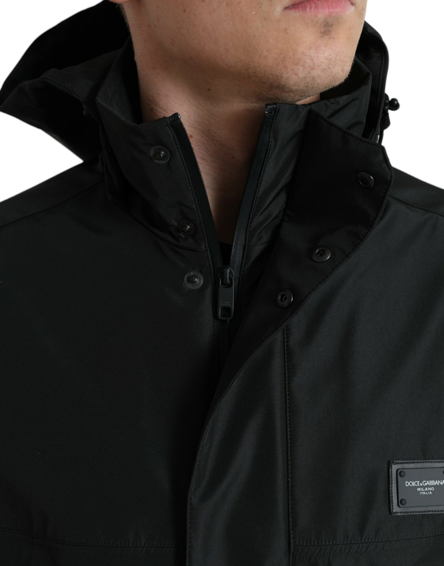 Dolce &amp; Gabbana Black Polyester Logo Plaque Hooded Jacket