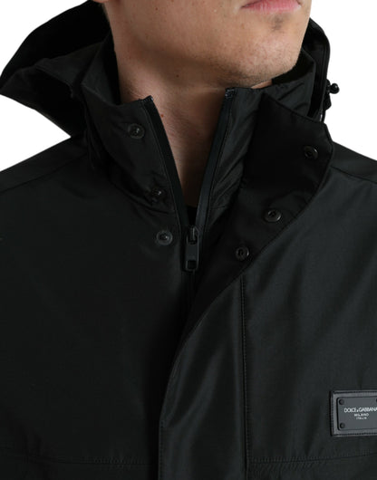 Dolce &amp; Gabbana Black Polyester Logo Plaque Hooded Jacket