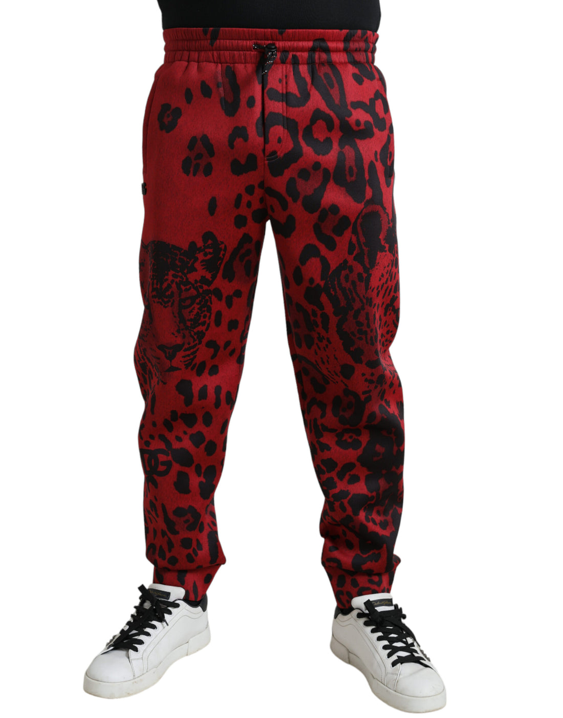 Dolce &amp;amp; Gabbana Röda Svarta Leopard Stretchiga Joggingbyxor