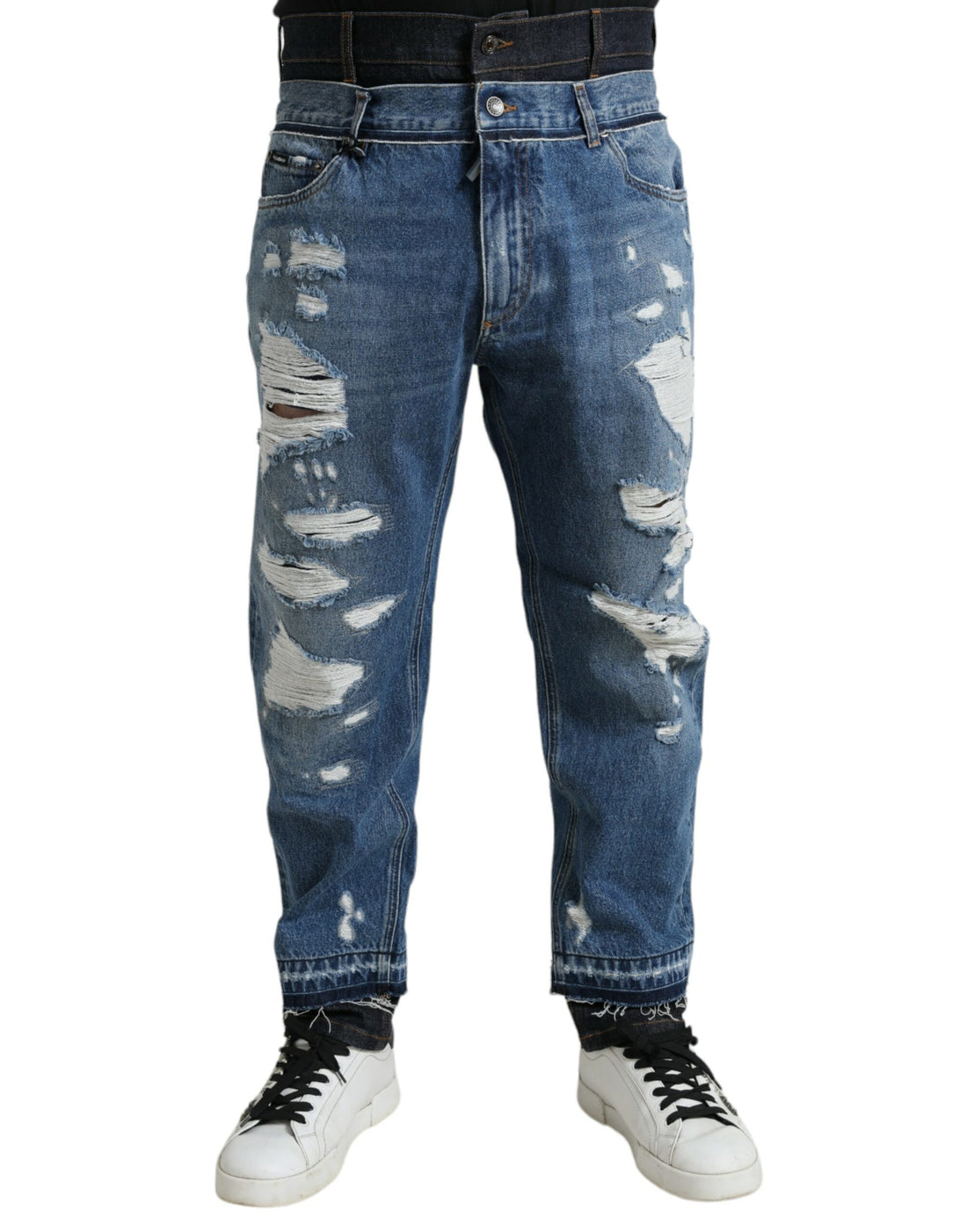 Dolce &amp;amp; Gabbana Blåa Trasiga Bomulls Herrjeans