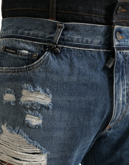 Dolce &amp; Gabbana Blue Tattered Cotton Men Denim Jeans