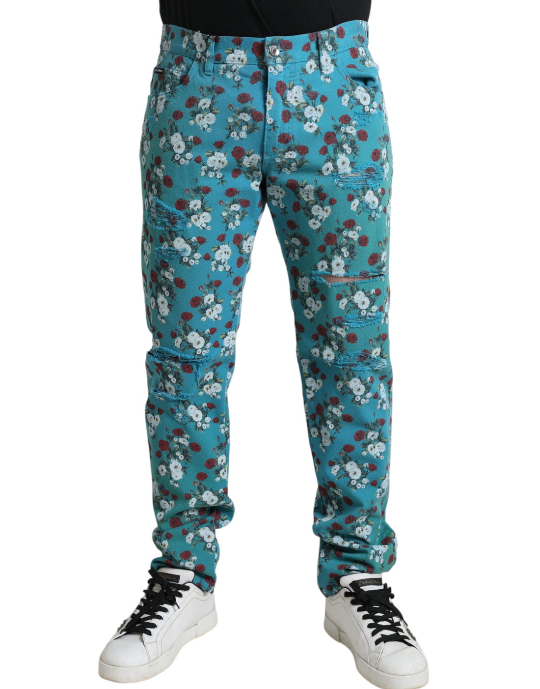 Dolce &amp;amp; Gabbana Blå Blommiga Skinny Bomullsbyxor