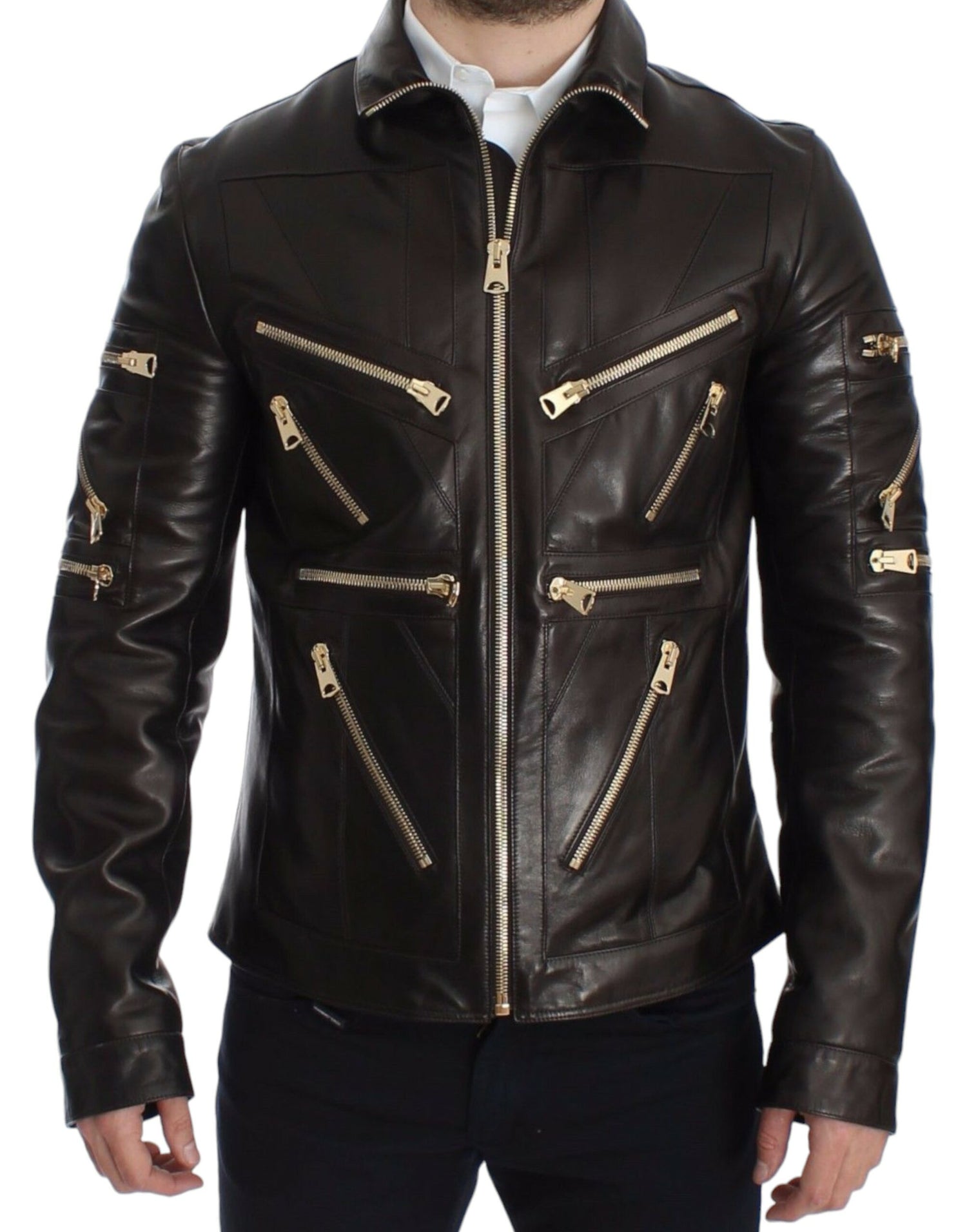 Dolce &amp; Gabbana Brown Lambskin Leather Zipper Jacket