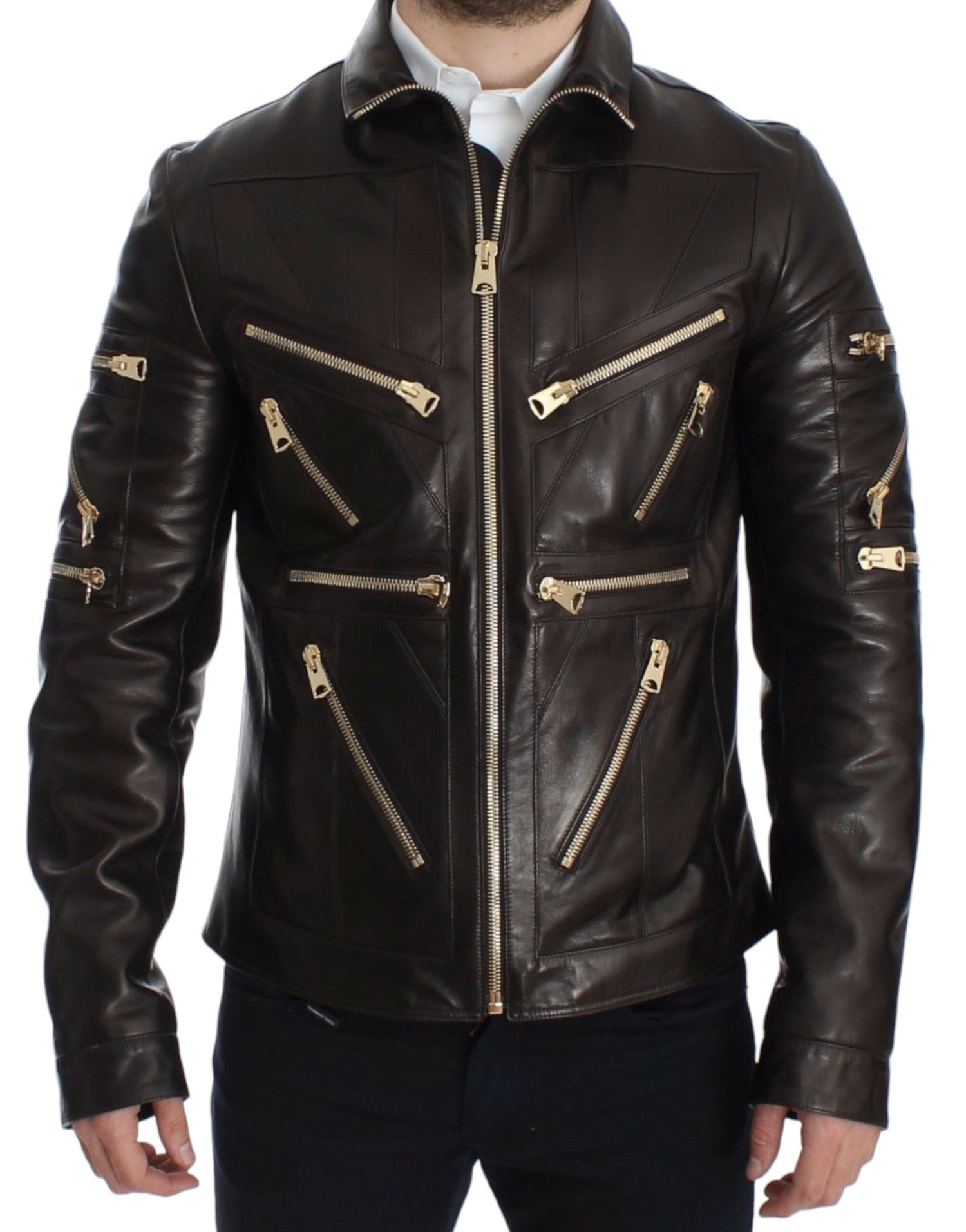 Dolce &amp; Gabbana Brown Lambskin Leather Zipper Jacket