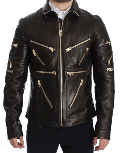 Dolce &amp; Gabbana Brown Lambskin Leather Zipper Jacket