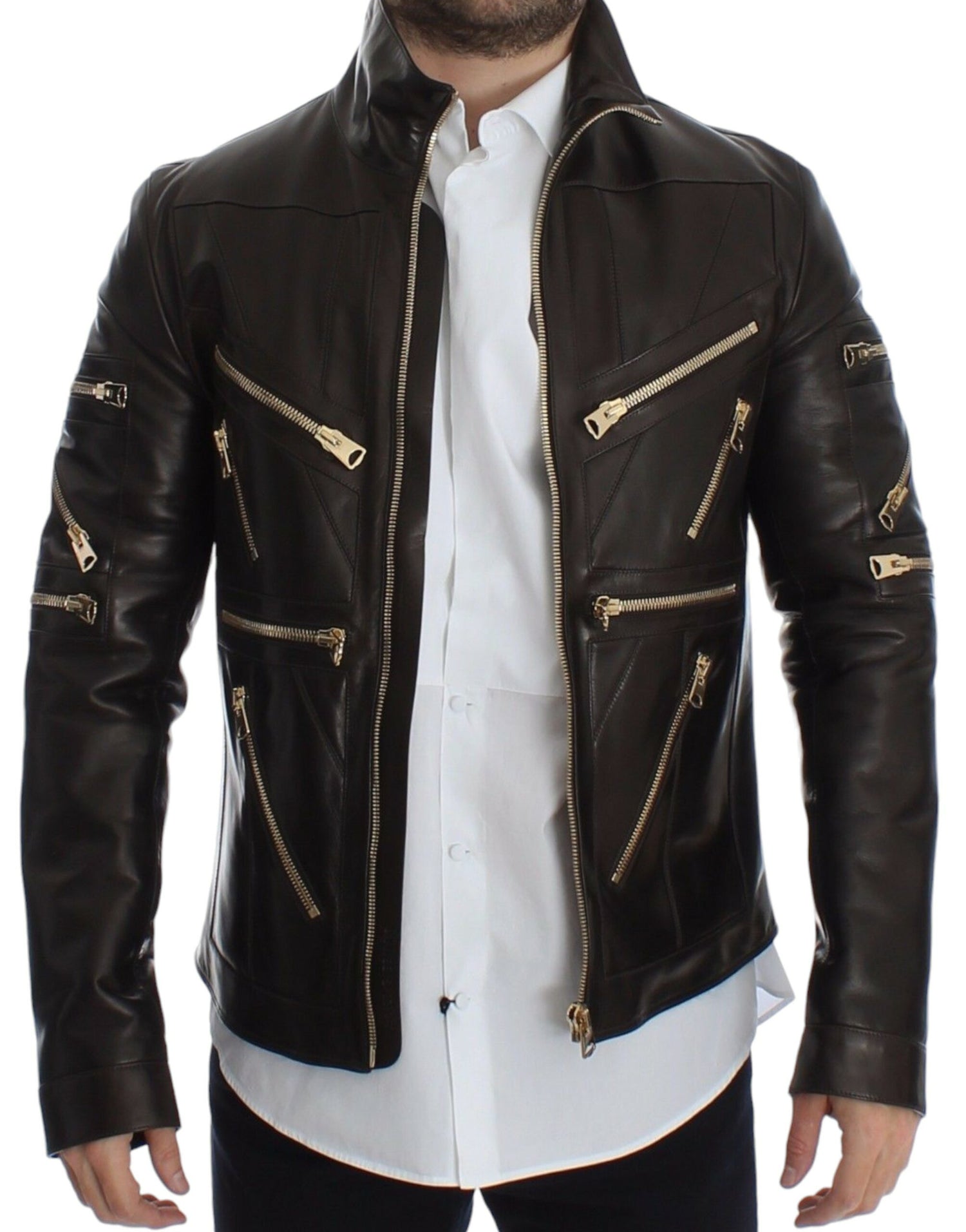 Dolce &amp; Gabbana Brown Lambskin Leather Zipper Jacket