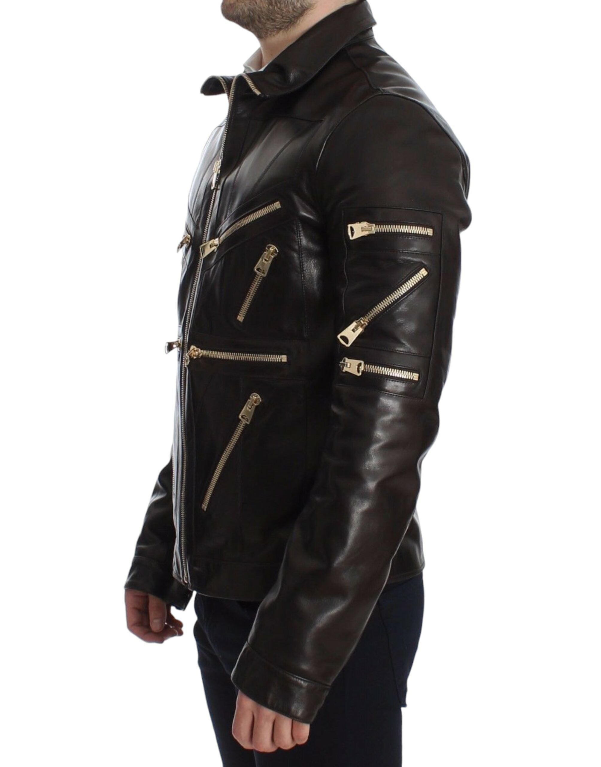 Dolce &amp; Gabbana Brown Lambskin Leather Zipper Jacket