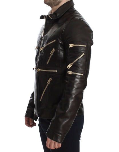 Dolce &amp; Gabbana Brown Lambskin Leather Zipper Jacket
