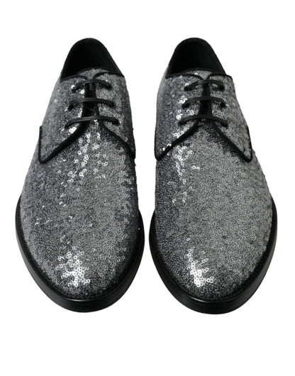 Dolce &amp; Gabbana Silver Sequined Lace Up Men Derby Dress Shoes
