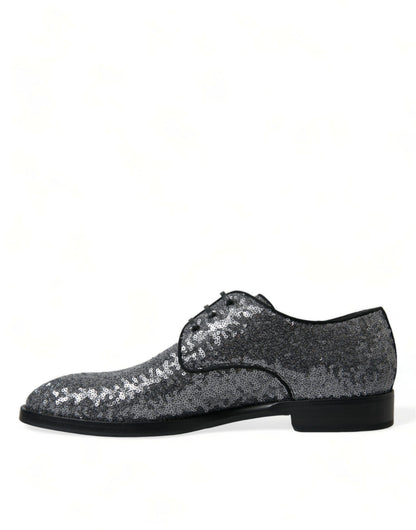Dolce &amp; Gabbana Silver Sequined Lace Up Men Derby Dress Shoes