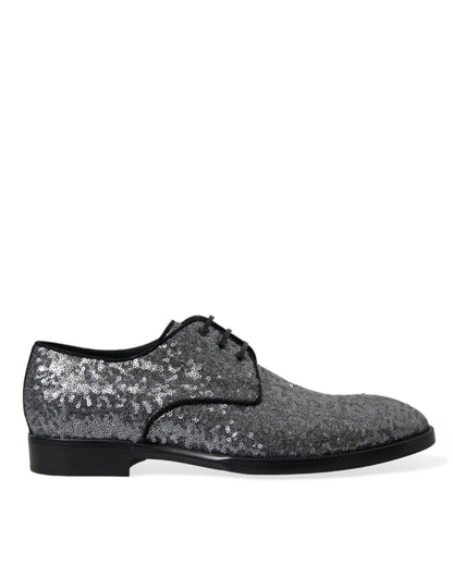 Dolce &amp; Gabbana Silver Sequined Lace Up Men Derby Dress Shoes