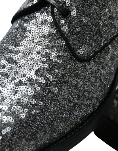 Dolce &amp; Gabbana Silver Sequined Lace Up Men Derby Dress Shoes