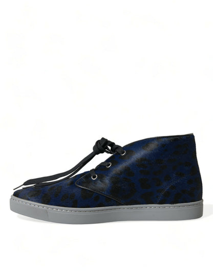 Dolce &amp; Gabbana Blue Calfskin Leopard Mid Top Sneakers Shoes