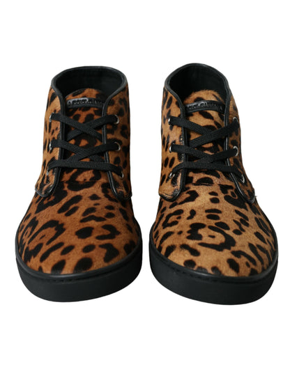 Dolce &amp; Gabbana Brown Leopard Pony Hair Leather Sneakers Shoes
