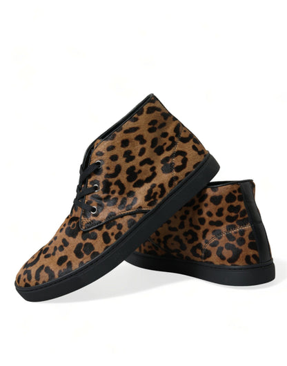 Dolce &amp; Gabbana Brown Leopard Pony Hair Leather Sneakers Shoes