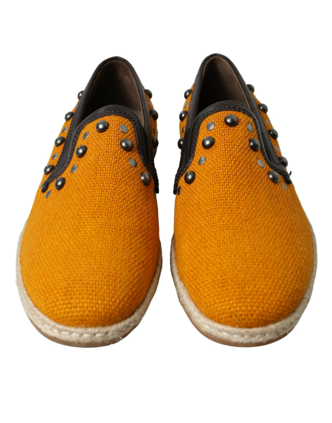 Dolce &amp; Gabbana Orange Linen Leather Studded Loafers Shoes