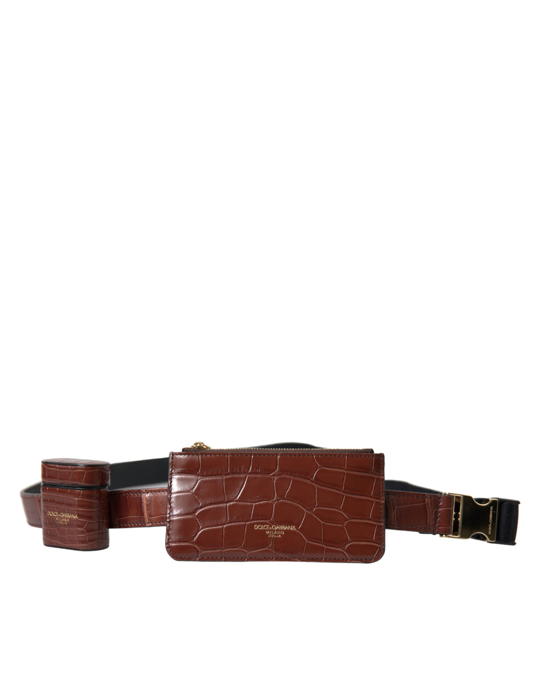 Dolce &amp; Gabbana Brown Alligator Leather Airpods Case Coin Purse Wallet