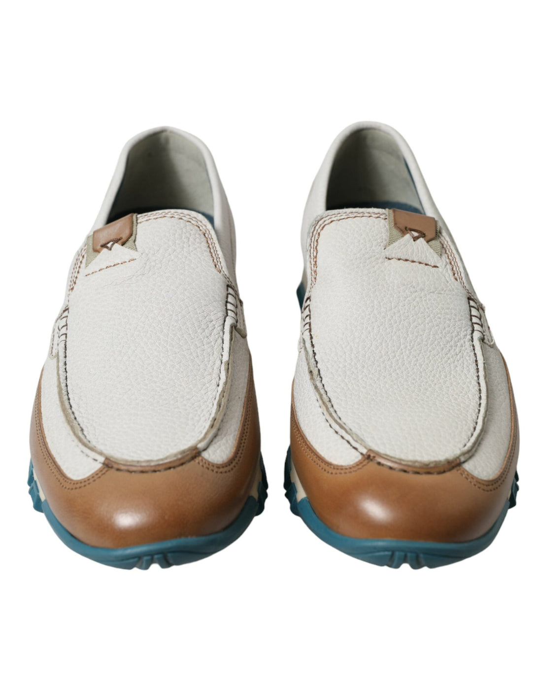 Dolce &amp; Gabbana White Brown Leather Slip On Men Moccasin Shoes