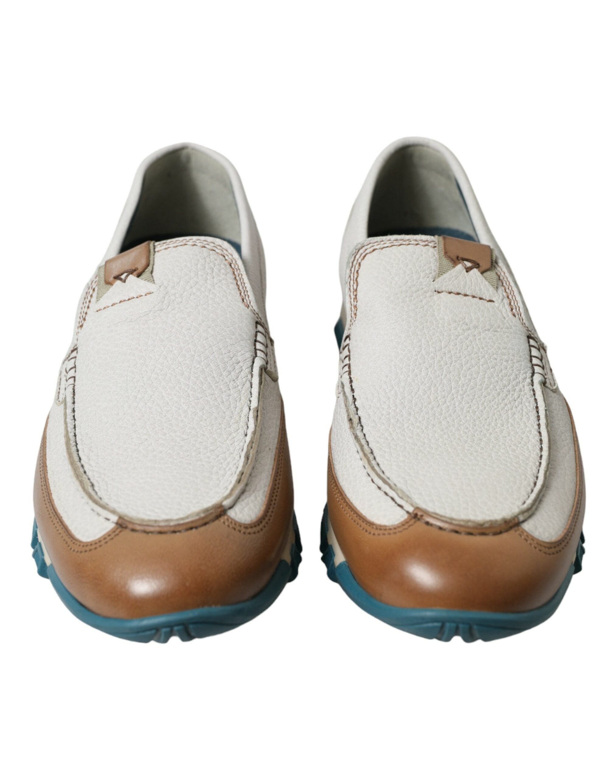 Dolce &amp; Gabbana White Brown Leather Slip On Men Moccasin Shoes