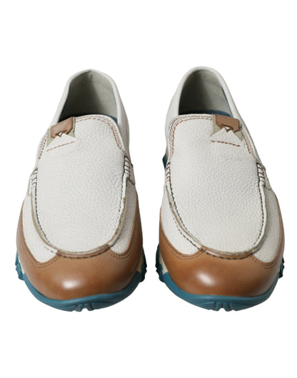 Dolce &amp; Gabbana White Brown Leather Slip On Men Moccasin Shoes