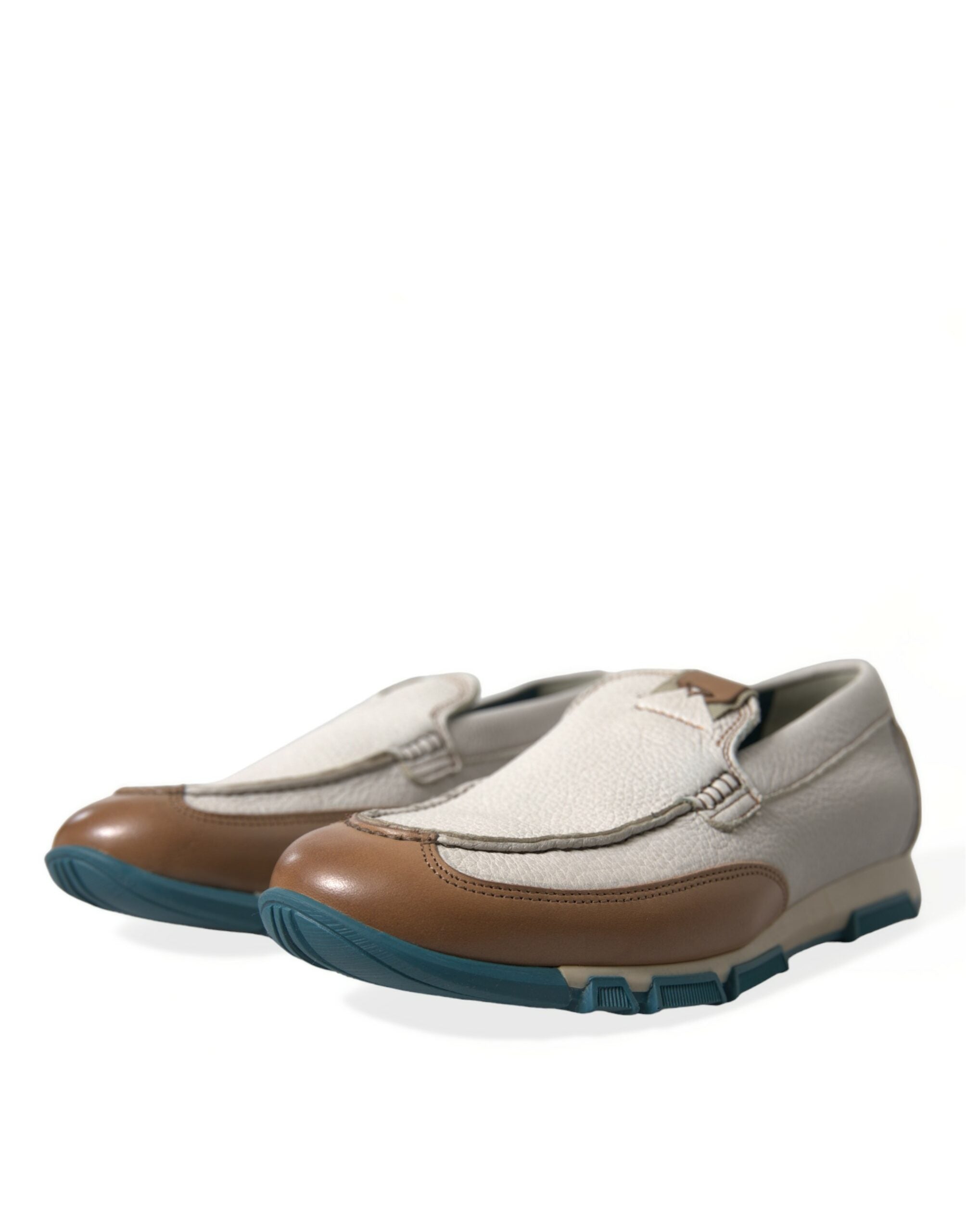 Dolce &amp; Gabbana White Brown Leather Slip On Men Moccasin Shoes