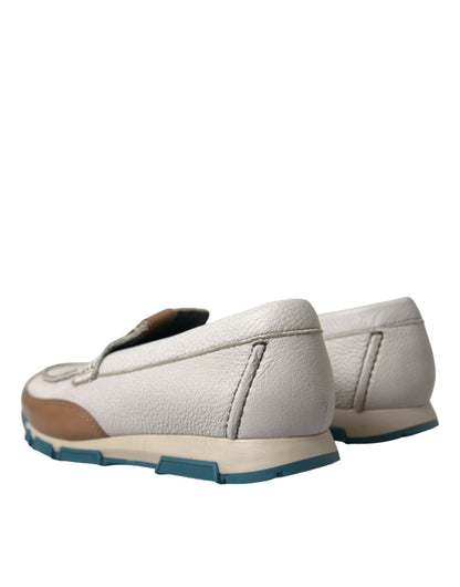 Dolce &amp; Gabbana White Brown Leather Slip On Men Moccasin Shoes