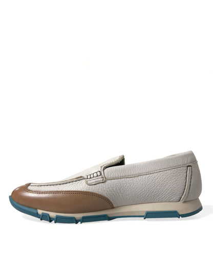 Dolce &amp; Gabbana White Brown Leather Slip On Men Moccasin Shoes