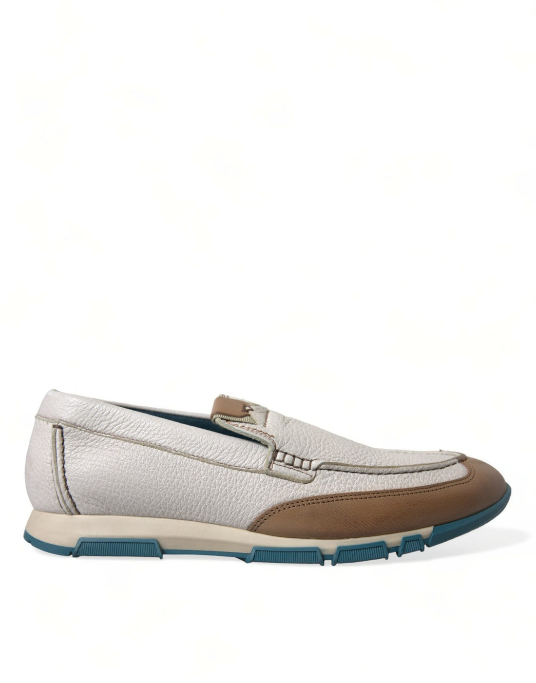Dolce &amp; Gabbana White Brown Leather Slip On Men Moccasin Shoes