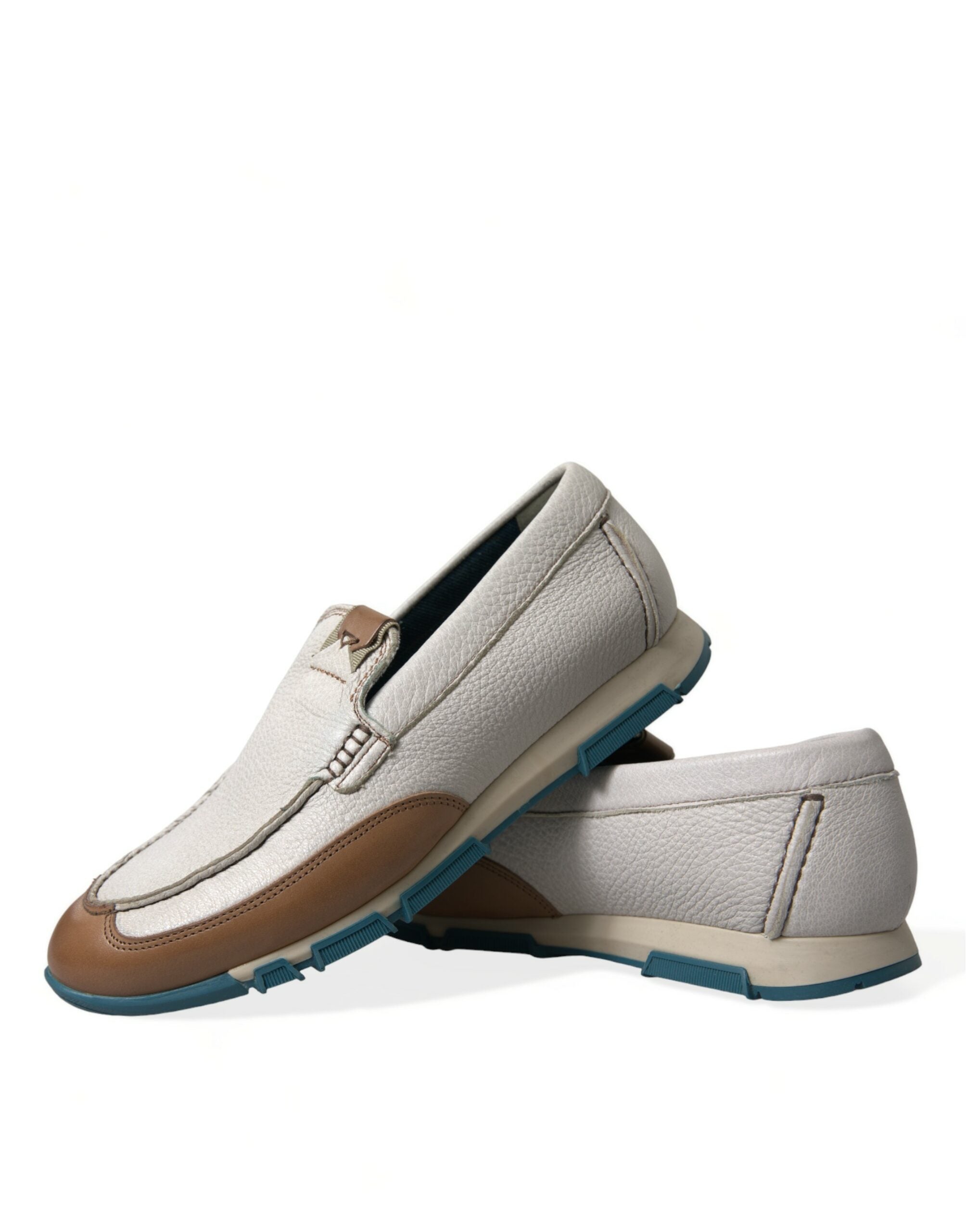 Dolce &amp; Gabbana White Brown Leather Slip On Men Moccasin Shoes