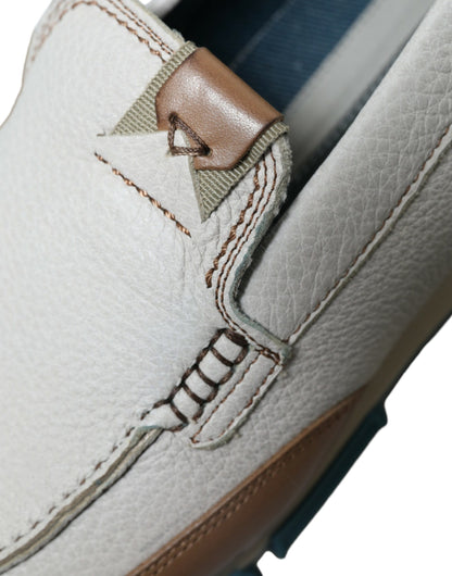 Dolce &amp; Gabbana White Brown Leather Slip On Men Moccasin Shoes