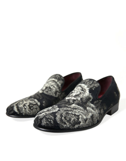 Dolce &amp; Gabbana Black Floral Slippers Men Loafers Dress Shoes