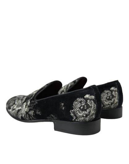 Dolce &amp; Gabbana Black Floral Slippers Men Loafers Dress Shoes