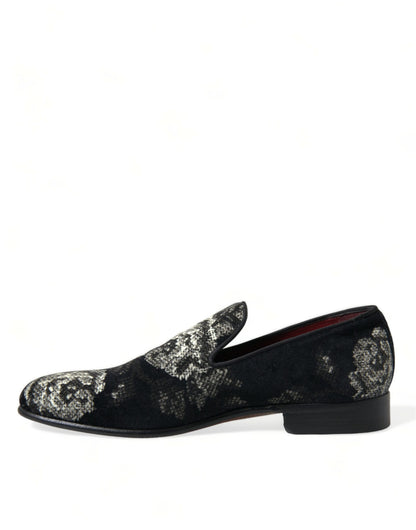 Dolce &amp; Gabbana Black Floral Slippers Men Loafers Dress Shoes