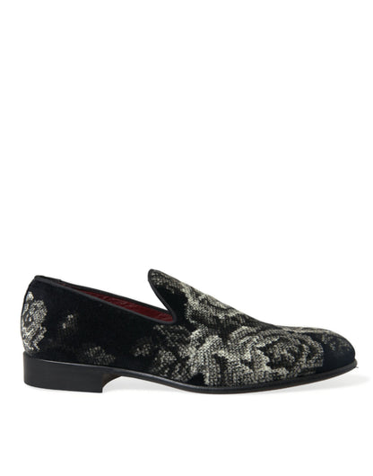 Dolce &amp; Gabbana Black Floral Slippers Men Loafers Dress Shoes