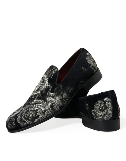 Dolce &amp; Gabbana Black Floral Slippers Men Loafers Dress Shoes