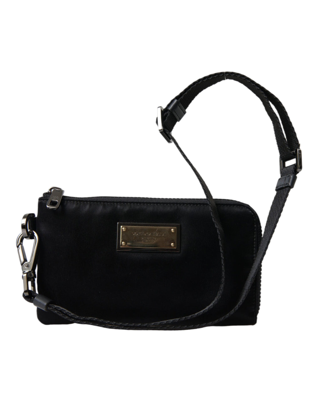 Dolce &amp;amp; Gabbana svart nylon nyckelringspåse med logotyp och plack kuvertväska