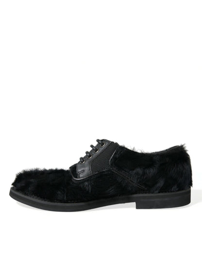 Dolce &amp;amp; Gabbana Svarta Derbyskor i Läder med Päls och Snörning