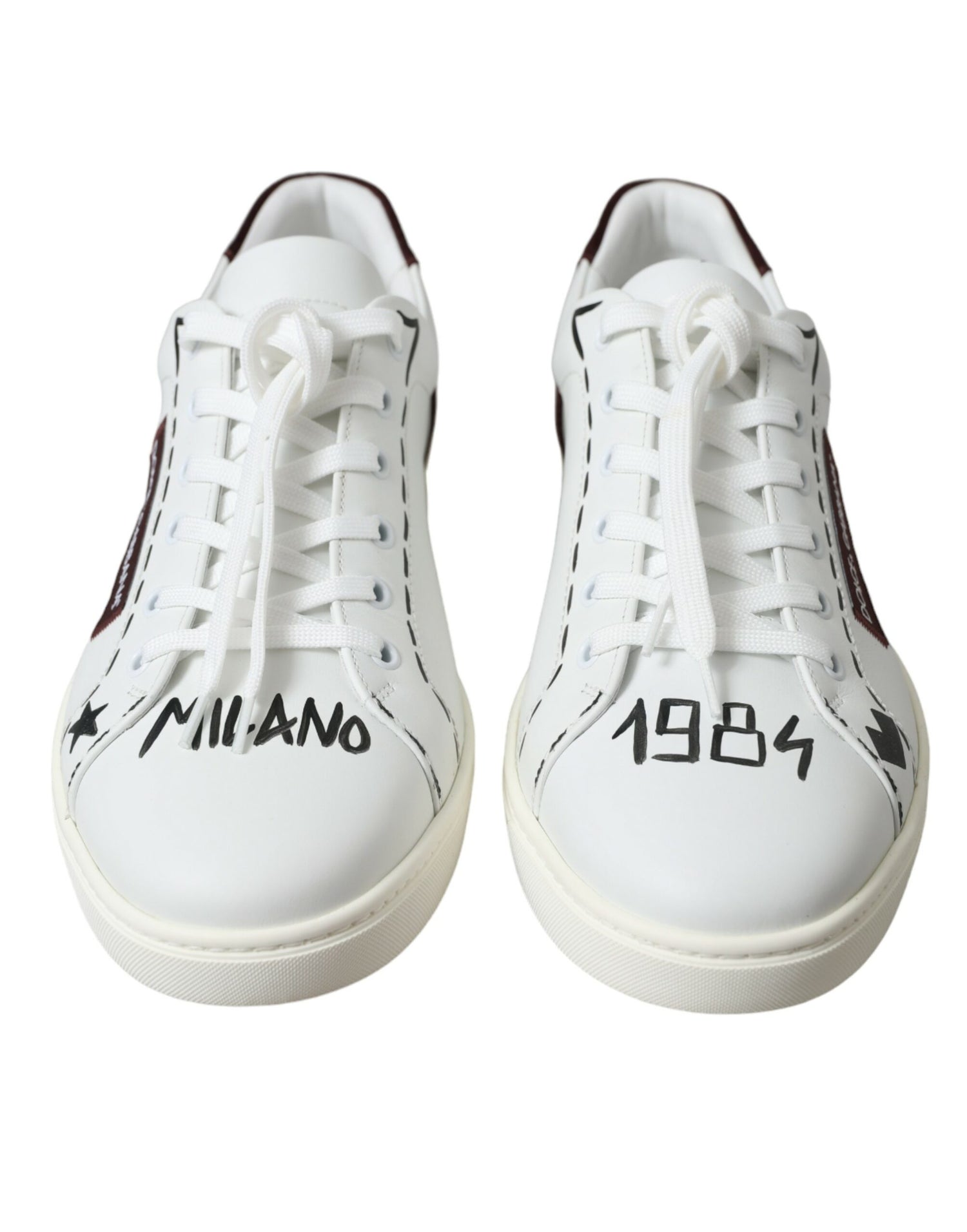 Dolce &amp;amp; Gabbana Vita Bordeaux Läder Logotyp Låga Sneakers Skor