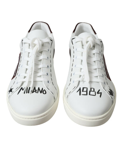 Dolce &amp;amp; Gabbana Vita Bordeaux Läder Logotyp Låga Sneakers Skor