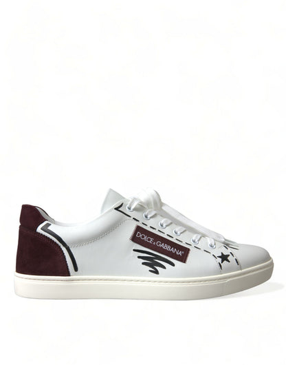 Dolce &amp;amp; Gabbana Vita Bordeaux Läder Logotyp Låga Sneakers Skor