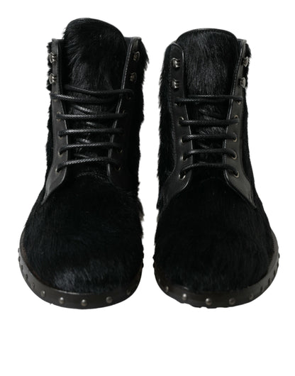 Dolce &amp; Gabbana Black Pony Style Leather Mid Calf Boots Shoes