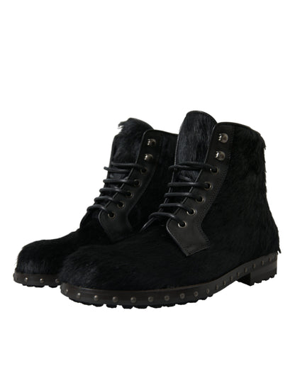 Dolce &amp; Gabbana Black Pony Style Leather Mid Calf Boots Shoes