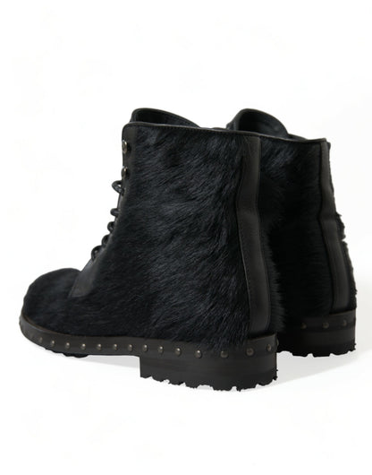 Dolce &amp; Gabbana Black Pony Style Leather Mid Calf Boots Shoes