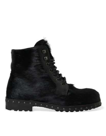 Dolce &amp; Gabbana Black Pony Style Leather Mid Calf Boots Shoes