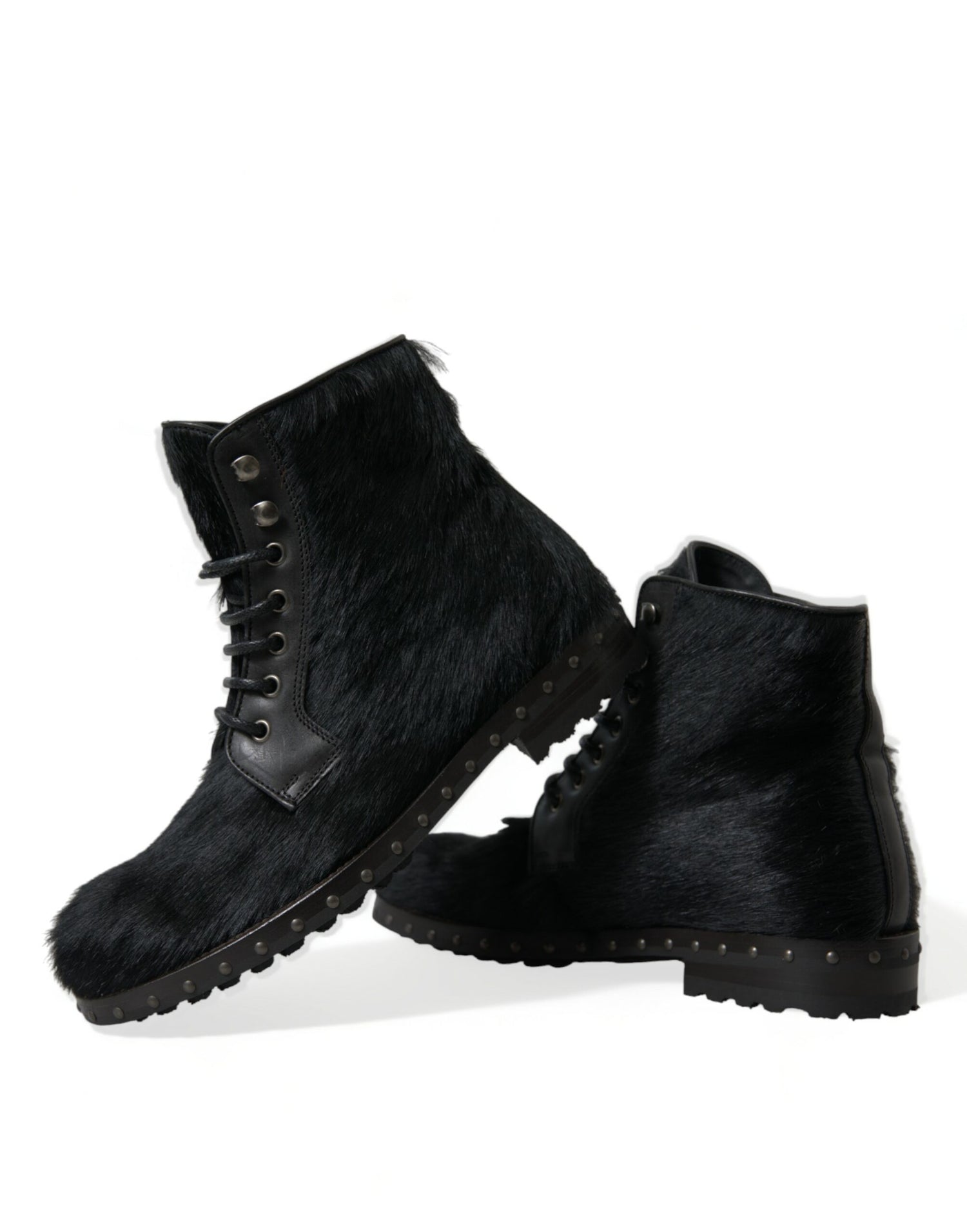 Dolce &amp; Gabbana Black Pony Style Leather Mid Calf Boots Shoes