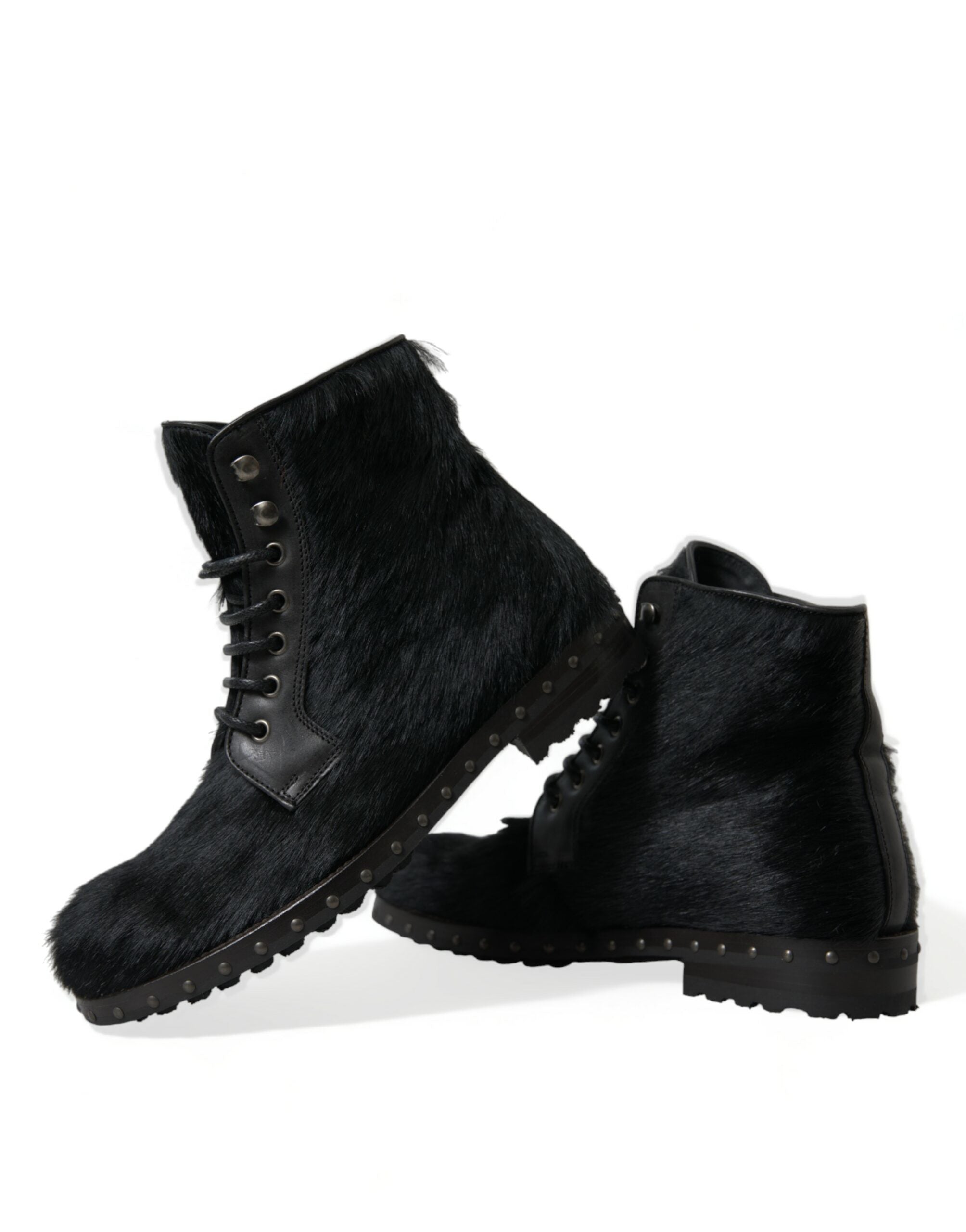 Dolce &amp; Gabbana Black Pony Style Leather Mid Calf Boots Shoes