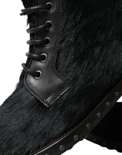 Dolce &amp; Gabbana Black Pony Style Leather Mid Calf Boots Shoes